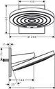 Kopfbrause mit runder Form und fünf Spiralmustern, in Mattweiß, Wandanschluss, zwei Strahlarten. Hansgrohe-Logo an der Seite. Maße sind im Bild angegeben.